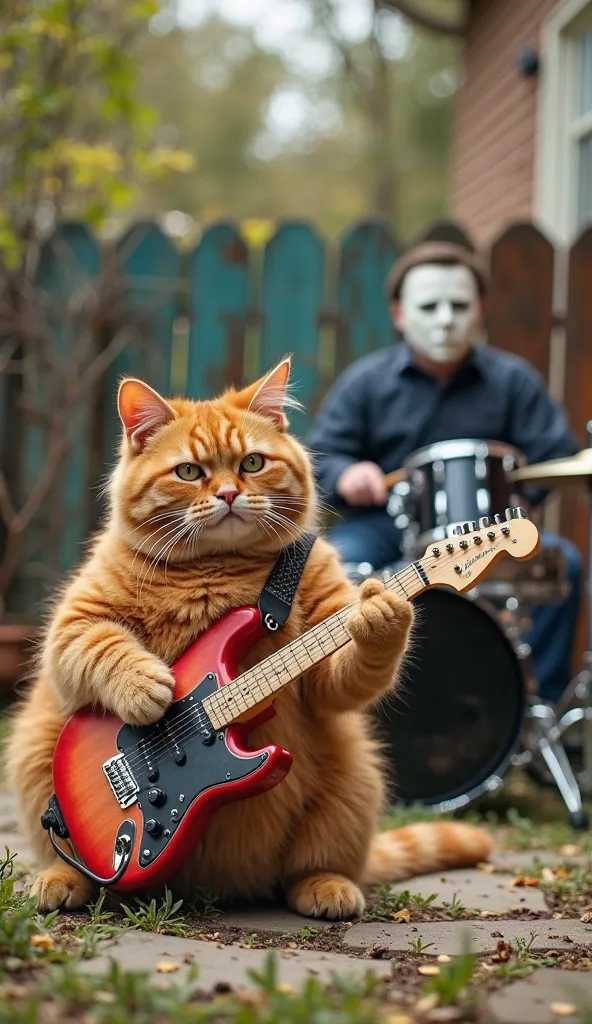 "A funny scene set in a backyard where a fat, fluffy and ultra-realistic ginger cat is confidently playing a small electric guitar while Michael Myers with his legendary mask plays the drums. The cat has a determined expression, as if he were doing a rock ...