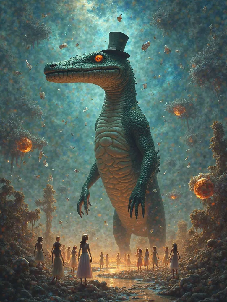 A Surreal Image Analysis a towering, otherworldly creature with the head of a Common Water Monitor   and a humanoid body. The creature wears a small, mystical top hat and stands in a dreamlike landscape. Around it, numerous tiny humanoid beings, glowing an...