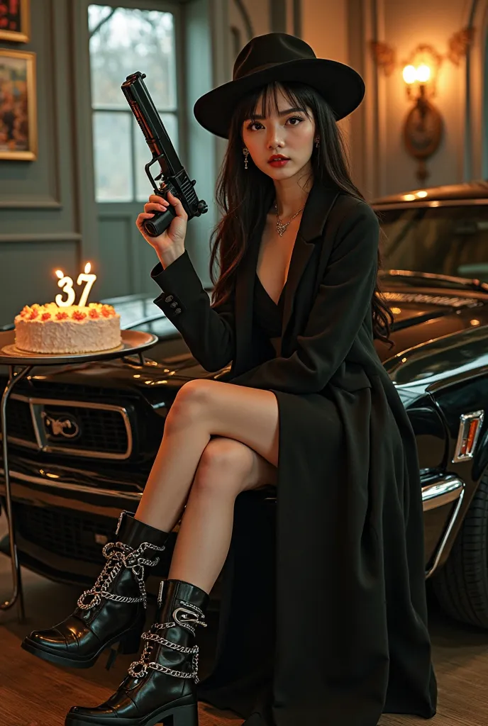 A Korean woman in a long dress casual with a mafia outfit and a hat holding a gun looks focused and curves sharply towards the camera in a room decorated in a mafia style, there is a black car, it has the words (HAPPY BIRTHDAY OKKY JELLY) and there is a bi...