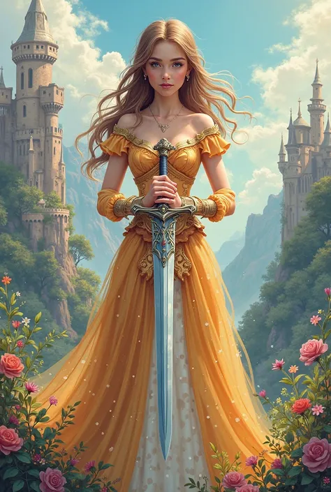 Beautiful girl dressed as a princess soldier, she's holding a sword. Coloring book 