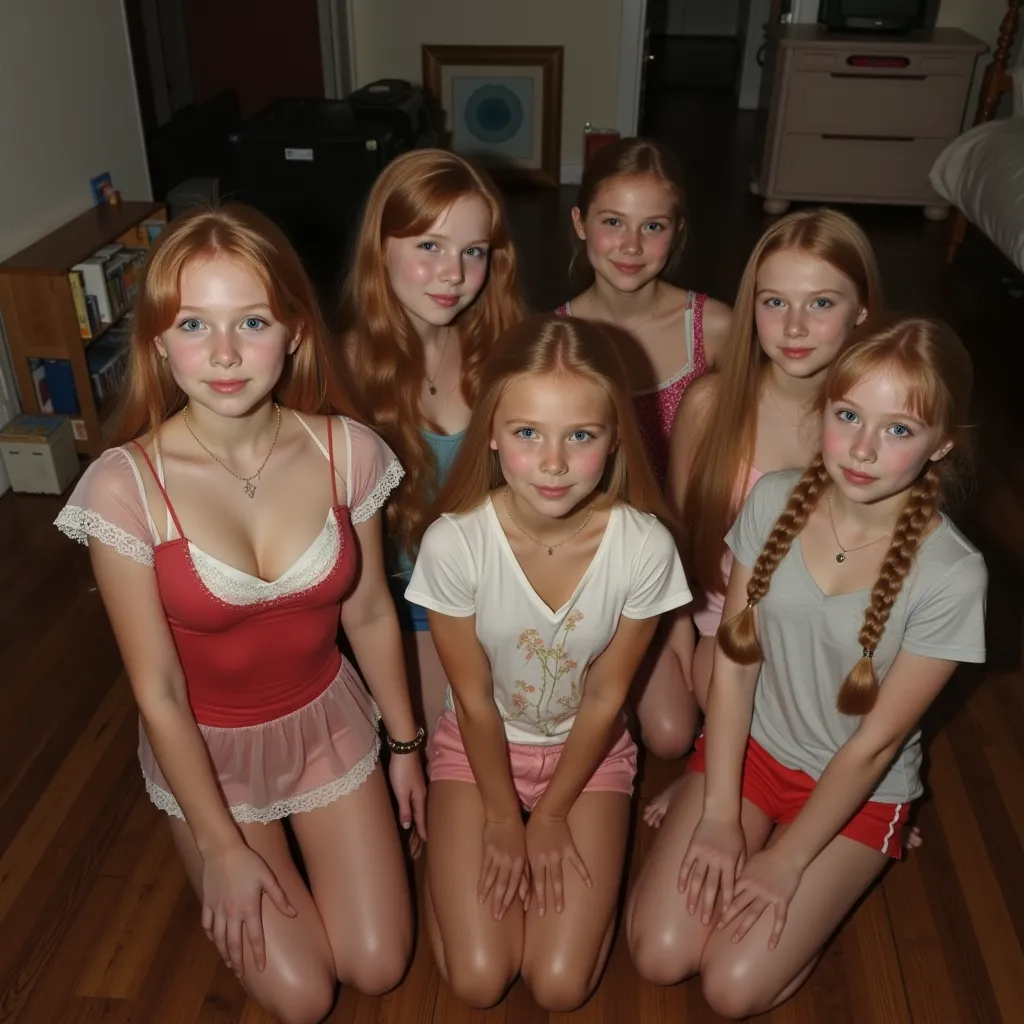 Very realistic photo of 5 very young ,  long blond hair,    3 girls have long braids   ,  different hairstyles ,    short and small blouses and miniskirt  ,    detailed face taster ,   big beautiful blue eyes   ,  kneeling on the wooden floor in the privac...