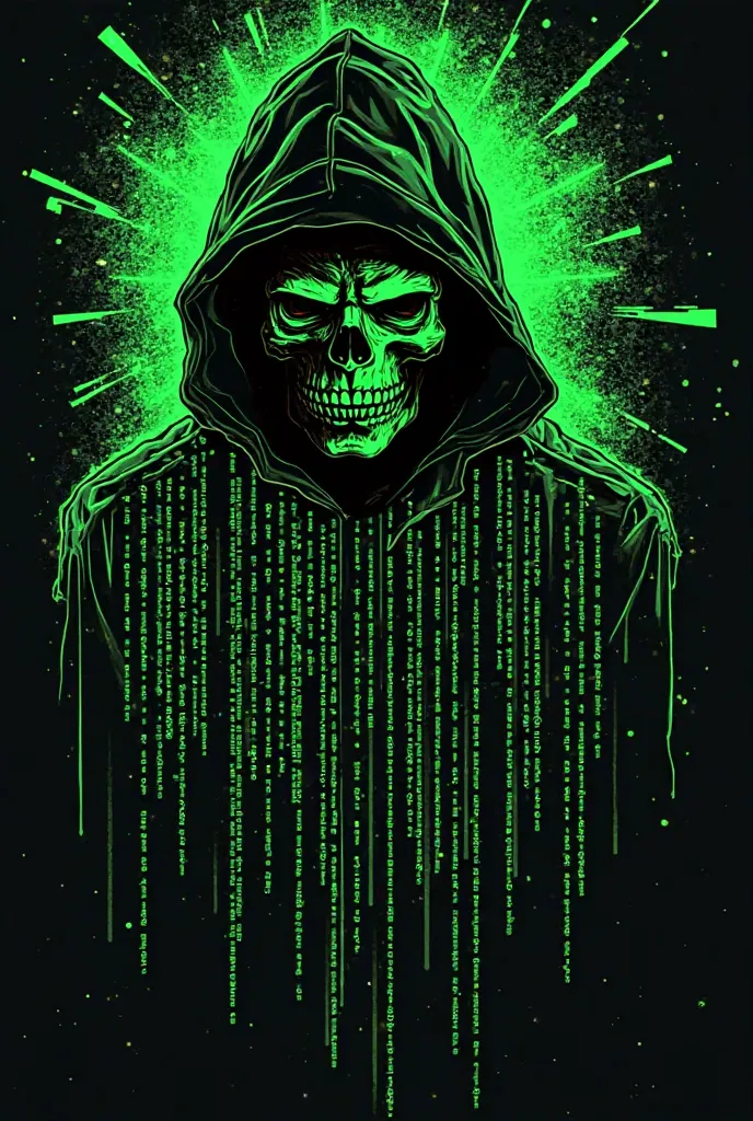 Hacker Source Code
"Develop a geeky t-shirt design with lines of source code cascading down, 'Matrix' style, in shades of neon green. Add elements such as a scanned face in the background or a glitch skull to reinforce the hacker and cyberpunk aesthetic."
