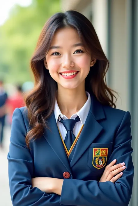 High school girl in uniform smiling