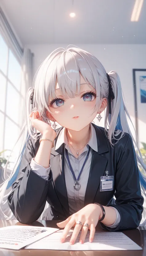 shiny skin ,(( masterpiece)), (( 最high quality)), (anime:1.3),(very detailed:1.2), ( high resolution :1.3), ( professional:1.4)(Iridescent white hair),, huge, twin tails,  Silver Hair,  hoodie,  vintage gothic,  pose , cute,  looks up, high quality, neckla...