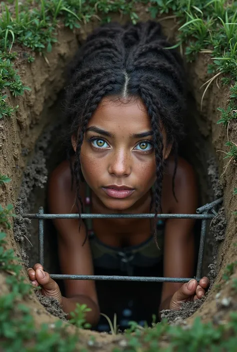 Very beautiful tanned girl with dark brown dreadlocks, with green eyes, with Spanish features trapped in a hole in the ground, through which there are small iron bars in which she clings to them with her hands in panic and despair, You can see her ragged a...