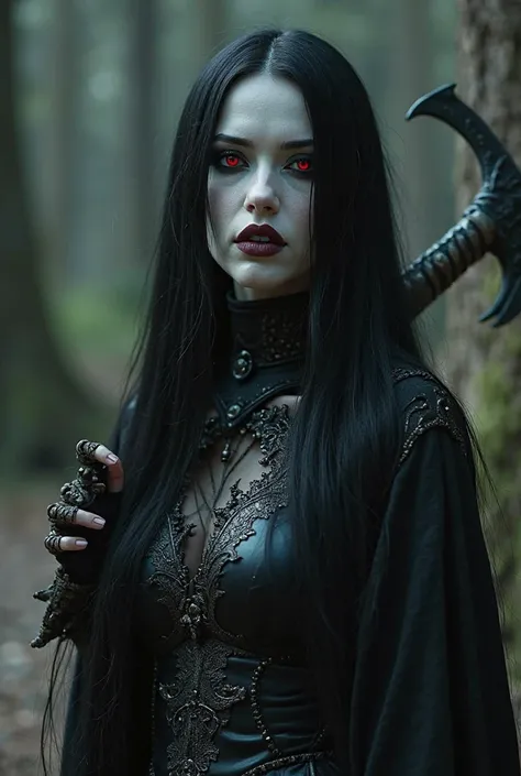 a stunning white-skinned gothic vampire warrior woman with very long black hair down to her feet, wearing a black gothic armor, holding a war axe, red eyes, dramatic eye makeup, sharp nails, (best quality,4k,8k,highres,masterpiece:1.2),ultra-detailed,(real...