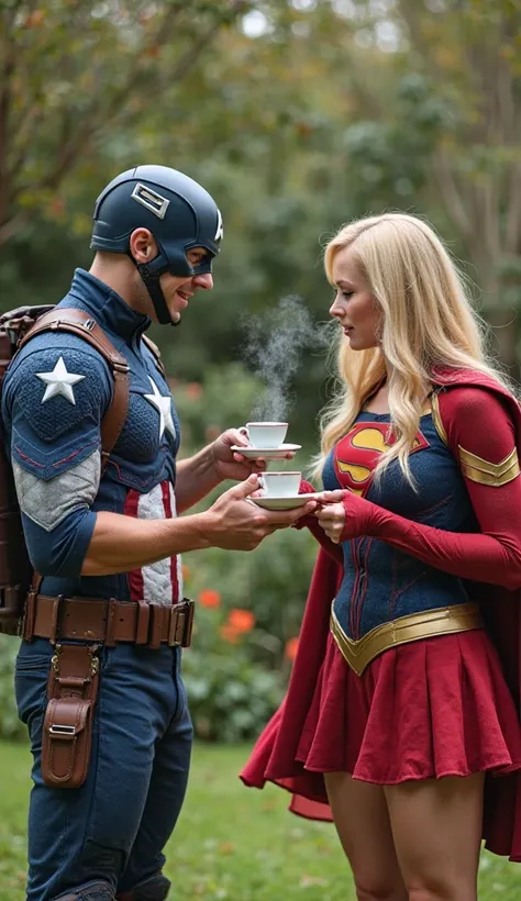 Captain America proudly presents a cup of tea to Super Girl in the garden, smiling. Super Girl takes a sip and immediately reacts with shock, spitting it out. She exclaims, Her face shows discomfort while Captain America looks embarrassed