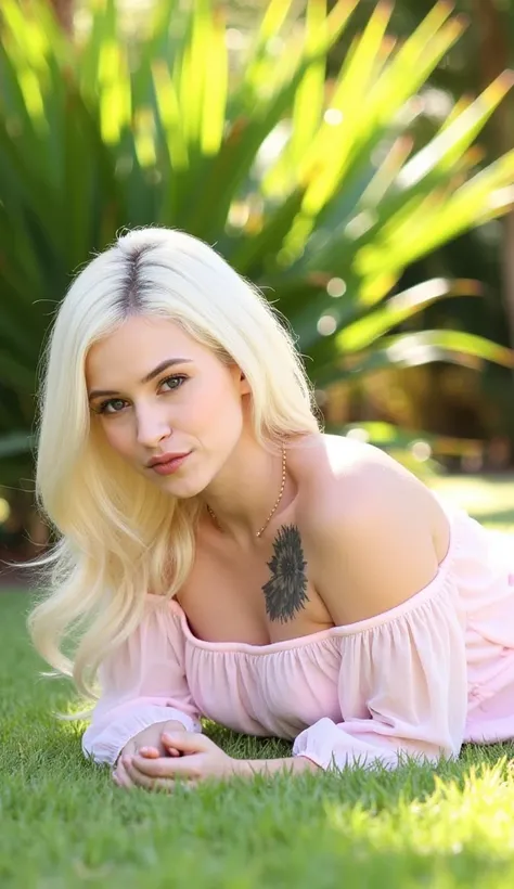 A beautiful young woman with long, silky platinum blonde hair lying elegantly on a lush green lawn, bathed in warm sunlight. She is wearing a soft pastel pink dress with delicate ruffles and long sleeves, exuding grace and charm. Her pose is relaxed yet st...