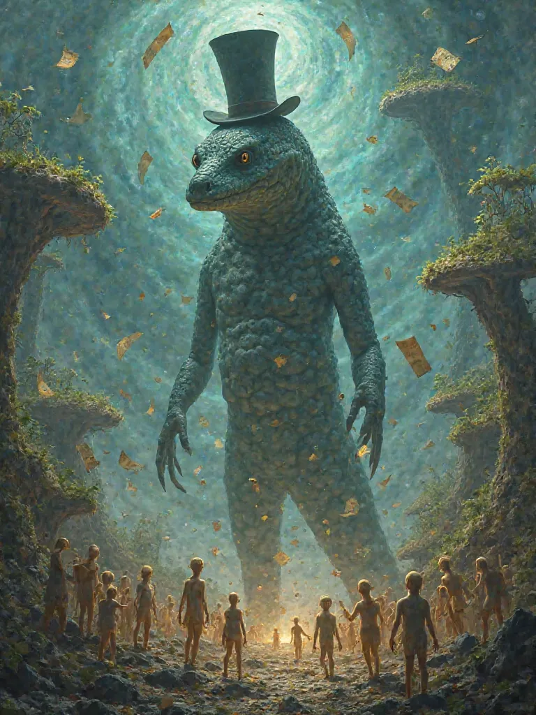 A Surreal Image Analysis a towering, otherworldly creature with the head of a Common Water Monitor   and a humanoid body. The creature wears a small, mystical top hat and stands in a dreamlike landscape. Around it, numerous tiny humanoid beings, glowing an...