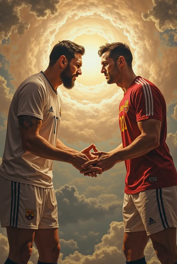 Make me an image of the painting the creation of Adam changing it for Messi and Ronaldo