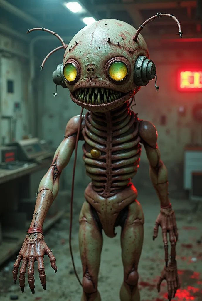 A failed experiment from a secret laboratory, its flesh grotesquely fused with metal and wires. Multiple mismatched eyes stare in different directions, while its elongated limbs twitch erratically. The creature’s skin is scarred and stitched together, with...