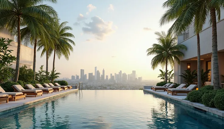 Infinity Pool & Outdoor Area – A luxurious infinity pool overlooking the city skyline, surrounded by palm trees and lounge areas.