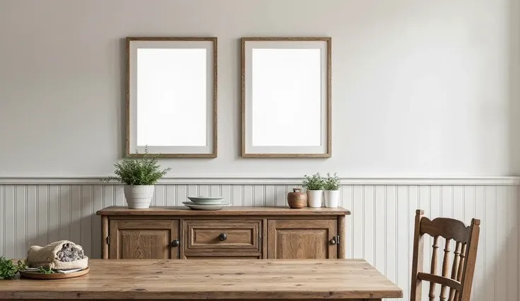 A charming dining area with a rustic wooden table and wainscoting walls. Two A4-sized frames with white backgrounds hang above the sideboard, showcasing recipes, travel memories, or food-themed artwork. Fresh herbs in small pots add a finishing touch.