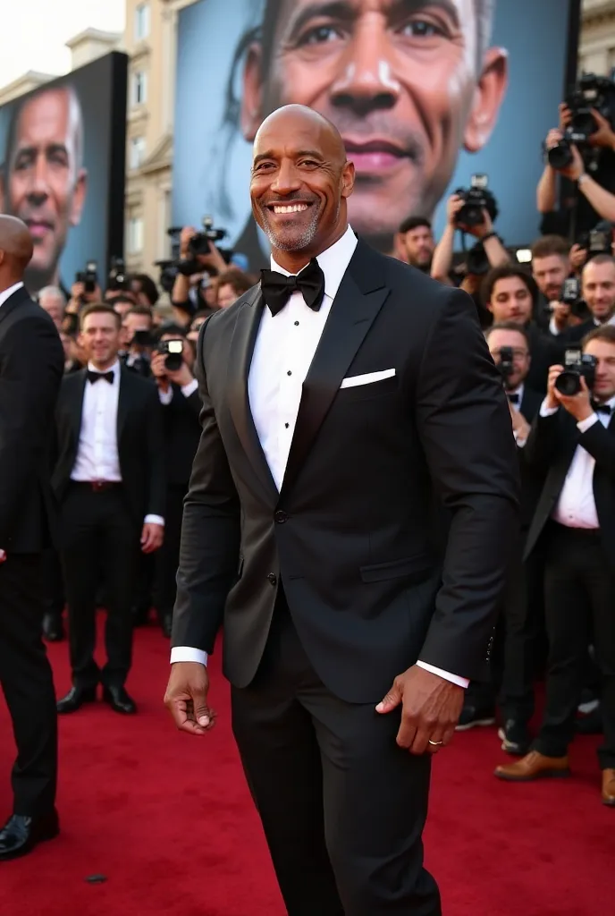 Dwayne Johnson su un red carpet, surrounded by photographers and fans, wears an elegant black tuxedo. He smiles confidently, while shaking hands with a Hollywood director. Behind him , giant screens show the trailer of an action movie with his face in the ...