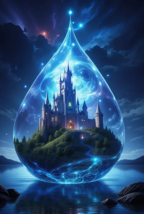A drop of water is very clear and crystal in which the World is located with a magic Castle and Beautiful bright clouds, magic, Very detailed,  Masterpiece , complex details, 8 k, background night with a lunar eclipse, Small stars , Better quality,  excell...