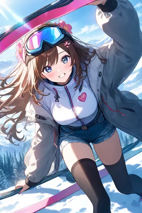 I-shaped balance　long brown hair　 pink large flower hair ornament 　 medium boobs when skiing　  pink heart 　 white shirt　denim hot pants　 gray jacket　 black tights　