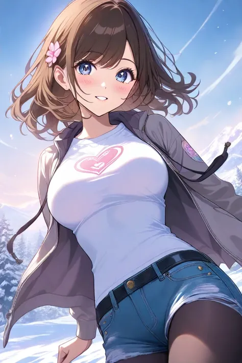 I-shaped balance　long brown hair　 pink large flower hair ornament 　 medium boobs when skiing　  pink heart 　 white shirt　denim hot pants　 gray jacket　 black tights　