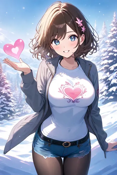 I-shaped balance　long brown hair　 pink large flower hair ornament 　 medium boobs when skiing　  pink heart 　 white shirt　denim hot pants　 gray jacket　 black tights　