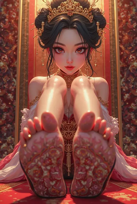 Hentai cartoon chinese queen puts soles of her feet wearing shoes pointing in the face of the viewer