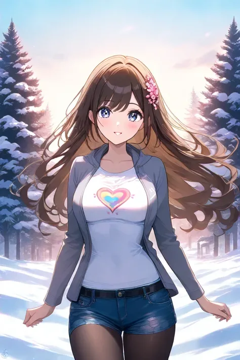 I-shaped balance　long brown hair　 pink large flower hair ornament 　 medium boobs when skiing　  pink heart 　 white shirt　denim hot pants　 gray jacket　 black tights　