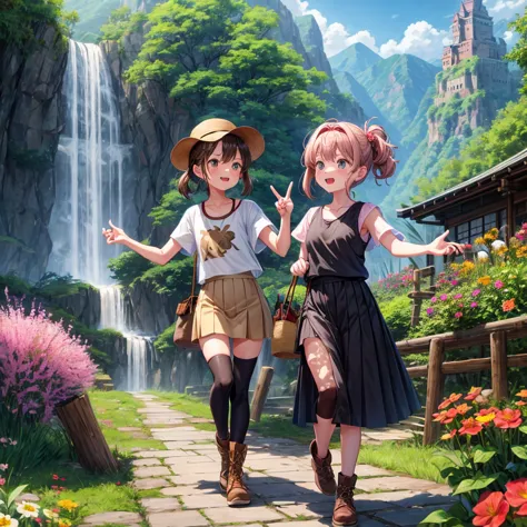 pink brown brown gold hair、 eye、  Has hair tied  、Two cute people、 Check Mini Skirt、  black t-shirt、 Light clothing、 tank top、 camisole、high socks、 Boots、 teeth inside、  The Road Is Crooked 、Mountain々、Stick together  、 bamboo forest、 chest pocket  、rock sa...