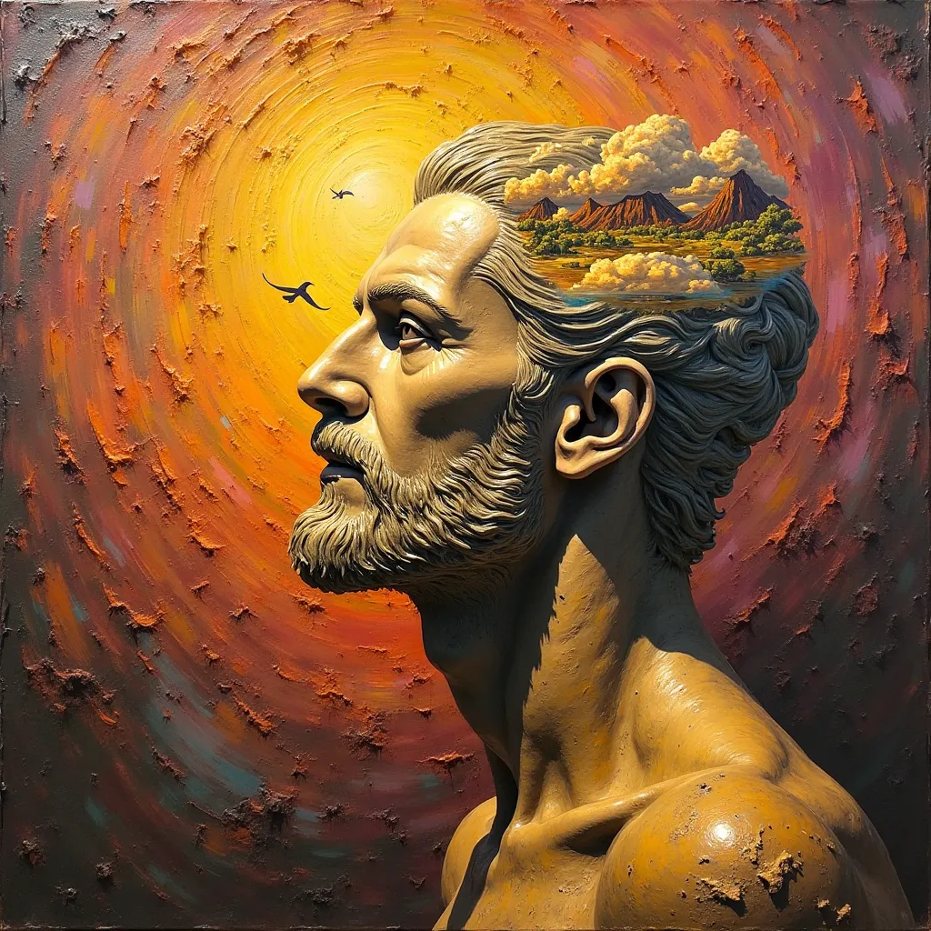 GOD GOLD LUZ  :: alcohol ink intricate details, (thick impasto oil painting, heavily textured, thick brushstrokes, short choppy strokes) :: (in the style of vincent van gogh)" beautiful sunset-red orange pinks purples, Rusted iron, Corrugated cardboard imp...