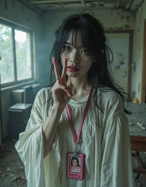 **"A hyper-realistic UHD image of a ghostly pale, zombified gothic lady with a crooked face, long messy black hair, and a forcefully wide grin. She wears a tattered, muddy-stained white shroud cloak (*thobe*), standing in an eerie, abandoned office space f...