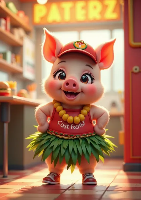 photorealistic portrait of Dressed animals - a ((fat)) chibi (baby pig) hula dancer,(art by Giuseppe Arcimboldo),(happy smile:1.5),(furry), high quality,(lovely) hands on hips,, Wearing fast food shop uniform , (wearing apron and cap), highly detailed ((fa...