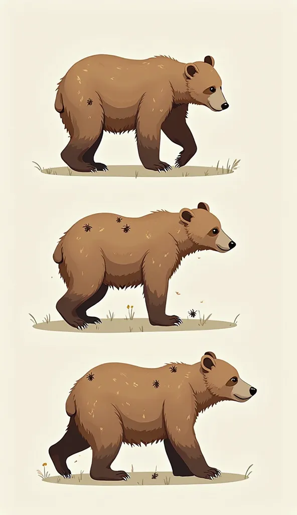 Parasites Slowly Disappearing: A series of small illustrations showing the bear’s fur improving with each passing day. The first image shows parasites still visible, the second shows fewer ticks, and by the last, the bear’s fur is cleaner and healthier.