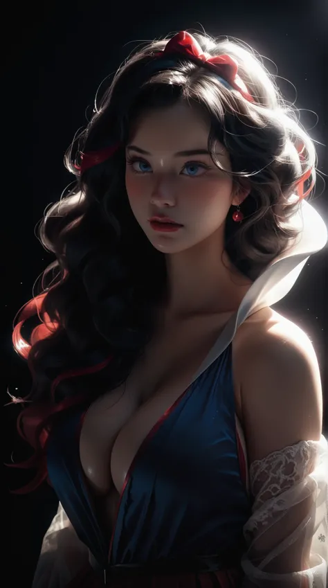 erotic young japanese model, disney princess snow white, with slender curvy figures, 4k, ultra-detailed, vivid colors, dramatic lighting, intricate details, in a realistic illustration style with thin lines and black outlines, long wavy hair, black hair, r...