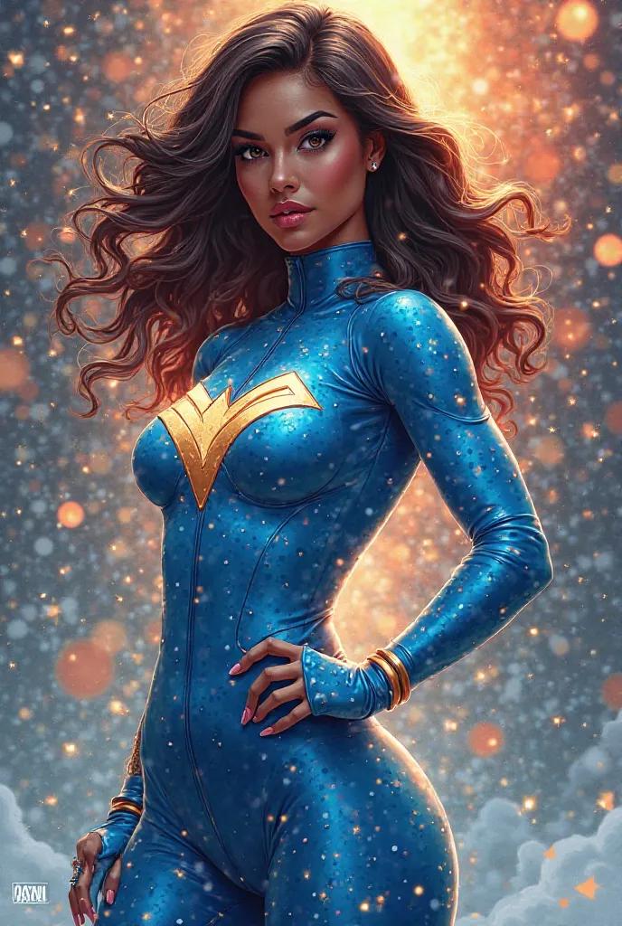 brown Superheroine in a blue suit and white dots with Christmas lottery logos, and a Loteria Navidad logo shield