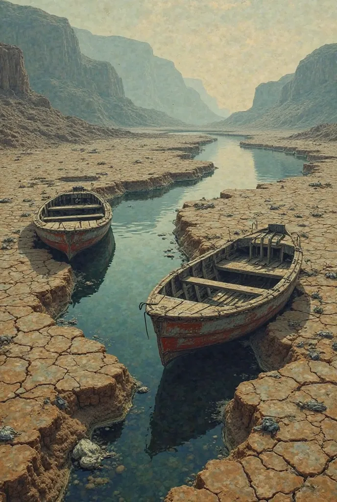  The Dead River: drew a dry river with abandoned boats and dead fish, with cracks in the soil that replaced water.Create a painting 