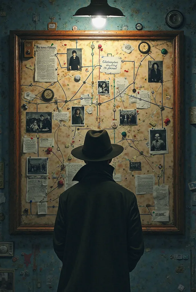 create N 2d image of a detectives board leading to a mystery person
