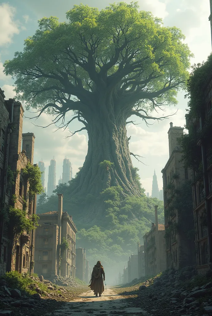 An old tree towering over a ruined city