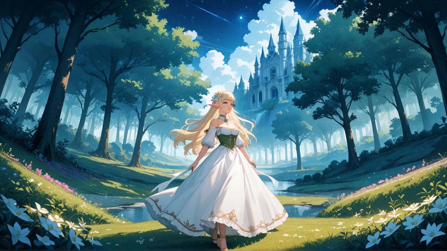 animated illustration。starry sky。Flower field in the forest。A fair-skinned female elf wearing a white dress is taking a walk。