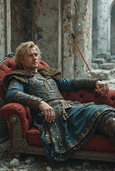   Blond and blue-eyed 、   is sitting                   、                      ancient Viking costume lying on an upscale sofa       、             、Inside the ruins、  Lie on an upscale sofa            