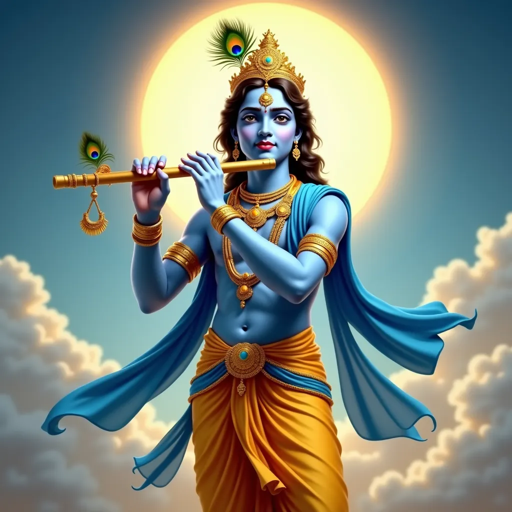 A grand Bollywood-style movie poster full-body depiction of Lord Krishna, 20 years old, standing gracefully while playing his bansuri. His skin is the traditional Krishna blue, adorned with intricate golden jewelry, including a regal crown with a radiant p...