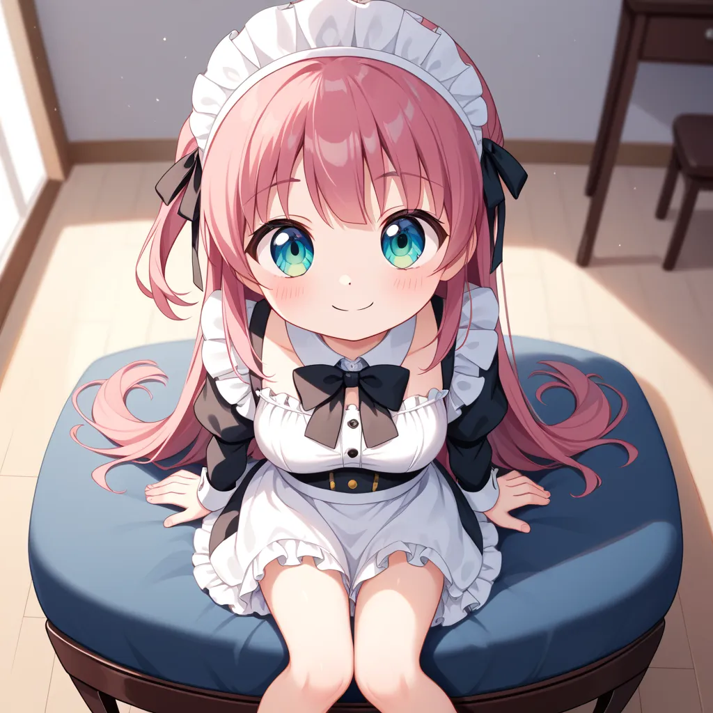 {best quality}, {very aesthetic}, {ultra-detailed}, {best illustration}, {masterpiece}, {detailed beautiful eyes}, {extremely detailed}, nsfw, cute female, sitting, medium breasts, maid:1.4), bedroom:1.3) ,, (loli, little, ultra cute kawaii:1.6), smile, bu...