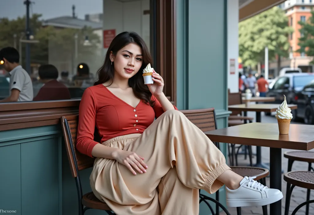 Potrait photo realism of b.eauty plump korean woman sitting and eating ice cream(plump muscle:1.5) busty body, at coffeshop , sunbathing in this afternoon , melancolic romantic, casual outfit wearing red top white satin cardigan and long span anc using whi...