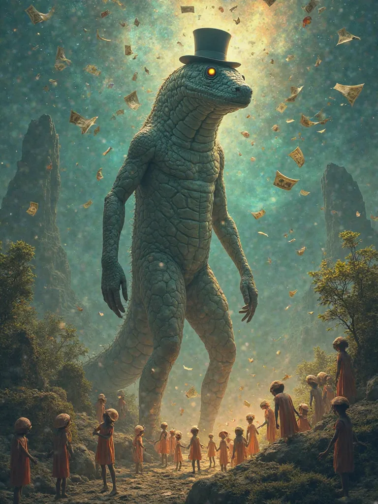 A Surreal Image Analysis a towering, otherworldly creature with the head of a Common Water Monitor   and a humanoid body. The creature wears a small, mystical top hat and stands in a dreamlike landscape. Around it, numerous tiny humanoid beings, glowing an...