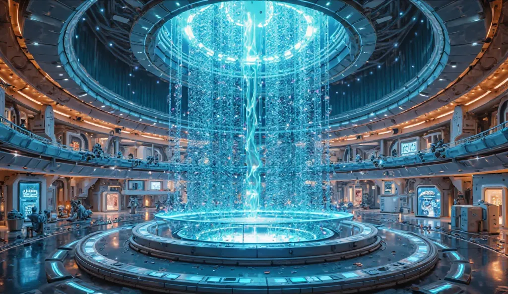 Eye Hospital Empire, futuristic holographic interface building architecture, floating 3D data, blue and orange neon lights, high-tech environment, bright images.