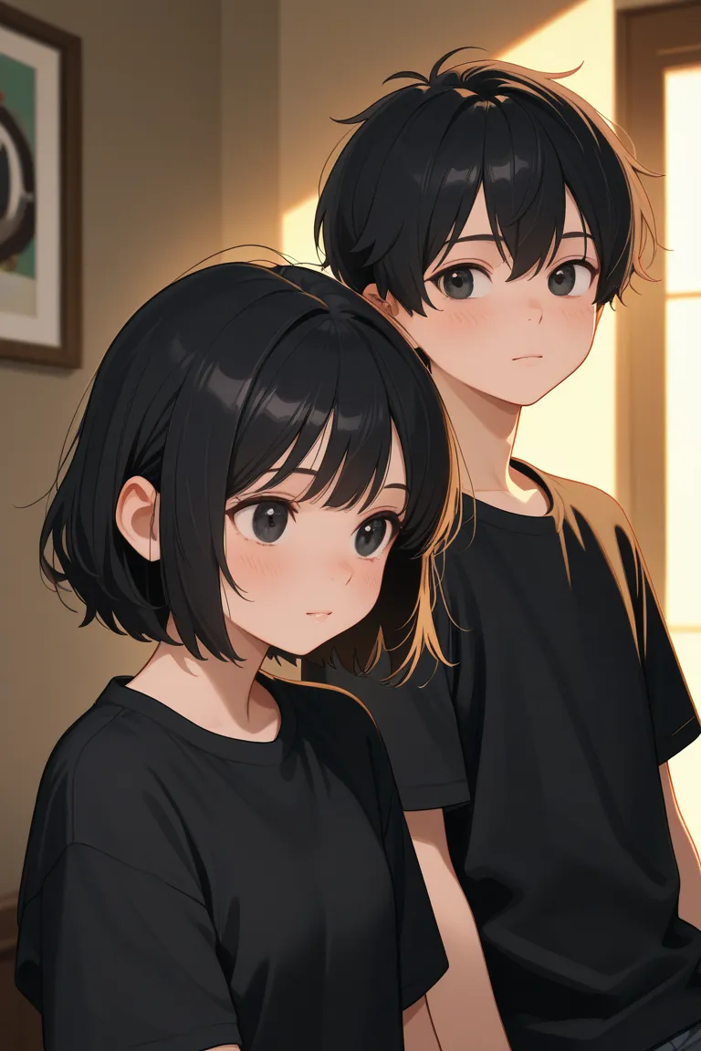 Boy, black hair, black t shirt, girl, black hair, black shirt