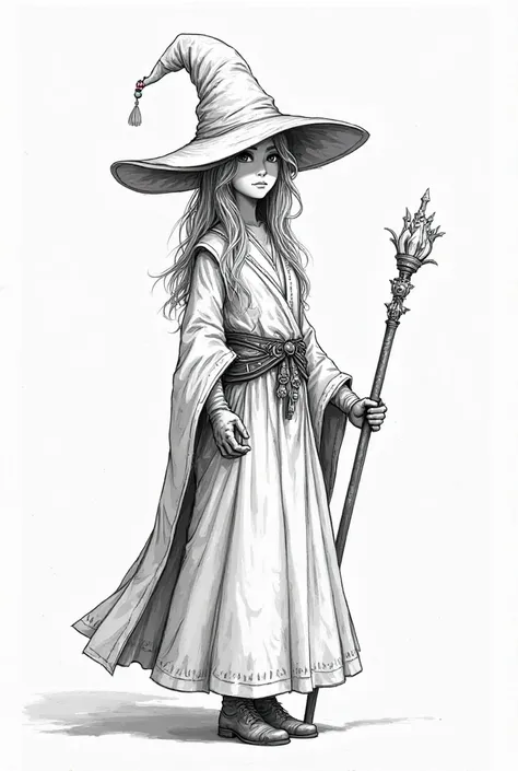 Black and white illustration of an old School character, half portrait body, simples line art. Female, Magic Hat,Wizard, Classes, Robes, Staff, 20 years old. leather belt, creative composion,unique features, looking front, character art, Fantasy art, Black...