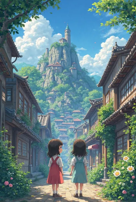  Studio Ghibli Style Animated Film 、 movie stills、Highest quality、masterpiece、Representative works、Official Art、professional、Ultra-compact、8k、 girls on the left、Mysterious Town