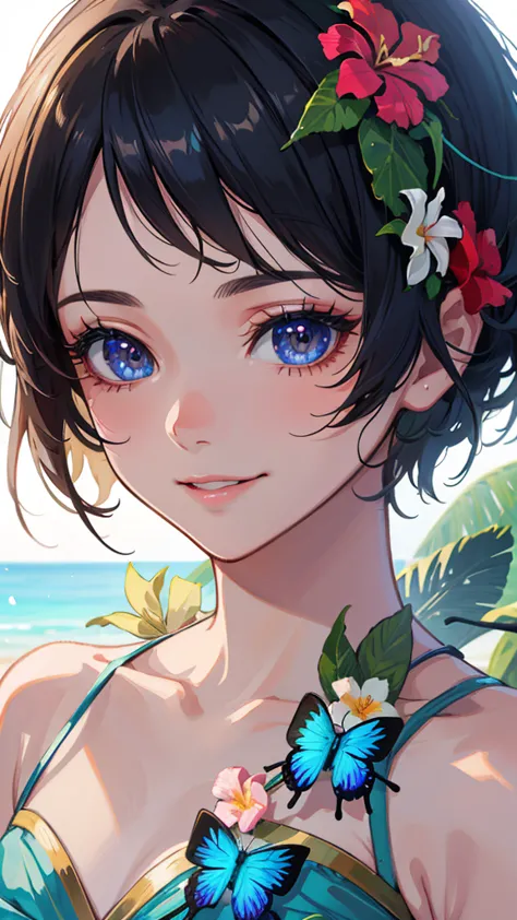 anime style。A fearless young man with curly hair and sharp eyesight like a woman wearing a yellow-green T-shirt and jeans。Tropical Beach。Tropical Flowers々。 Lots of Butterflies 。