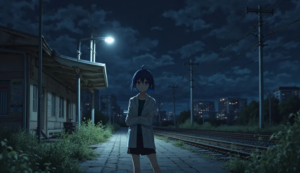 At midnight, Aoi Takahashi stands at the entrance of an abandoned train station. The place is desolate, with overgrown weeds creeping through cracks in the pavement. A single flickering streetlight casts eerie shadows on the platform. She wears her oversiz...