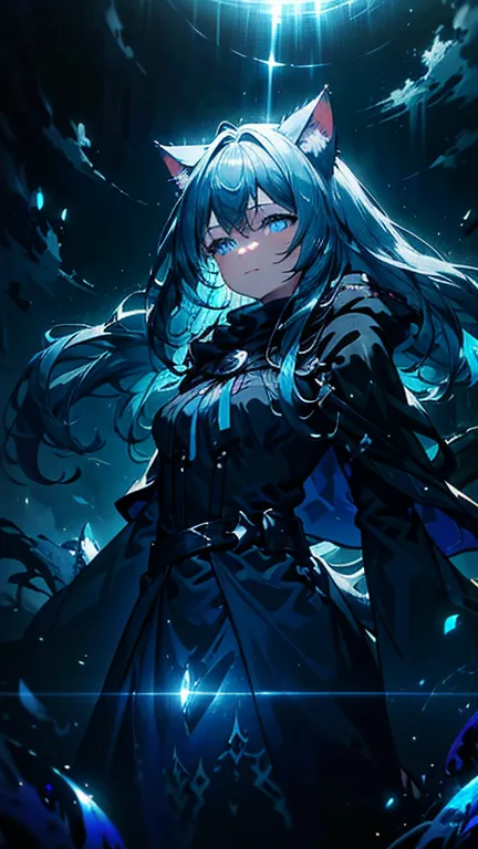 masterpiece、Highest quality、Super Detail、high resolution 、(Beautiful Young Girl、Cat ears、 Witch、 cute face、Blue Hair、 dark eyes、 black cloaks、 blue dress)、 night、fairy forest 1.4、spring、 (soft smile)、 anime style、 ( long hair、 flowing hair)  front view、Shi...