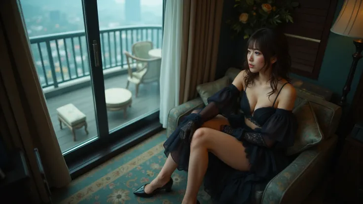 （8k，Movie，16mm wide-angle lens，Multi-angle shooting，Rich in details ）Chinese，Asian，Cool colors，miniskirt，High heel，exposed，Nylon socks，Sexy gloves，Lace gloves，A large hotel room，Sit on the stairs，Terrace，Flirty，Romantic，Sexy woman，Looking out the window，Tr...