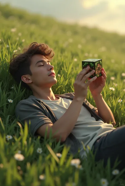 YOUNG MAN LYING ON THE FIELD HOLDING A MINECRAFT BLOCK 