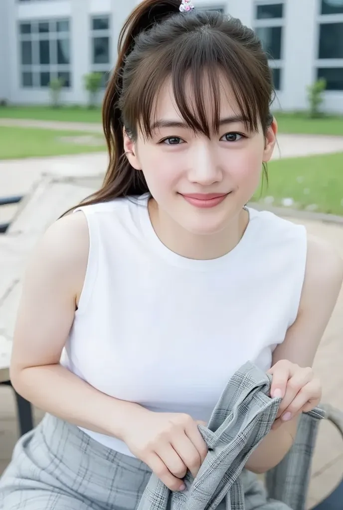 Realistic high quality photos of women, beautiful girl (((big breasts , big breasts , nsfw))) ,Wearing a white shirt(((big breasts , big breasts , nsfw)),  and a plaid skirt、Lift the hem of the skirt high to see the underwear、and black shoes.  her long bla...